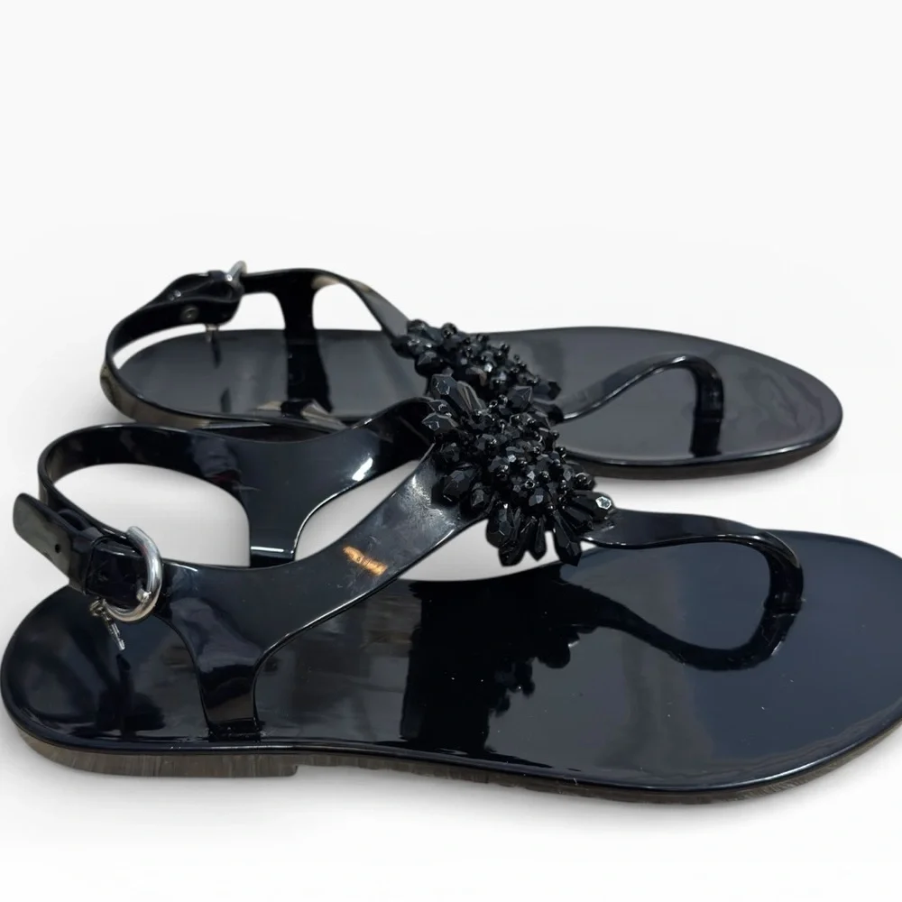 Coach Hilda Black Jelly Sandals Floral Beaded Accent Womens US 8 Summer Flats - Picture 3 of 9